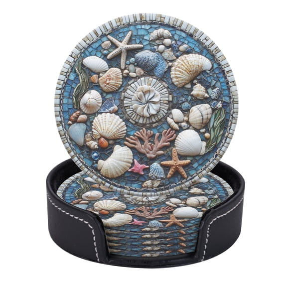 PU Leather Coasters for Drinks Bar Beer,Set of 6 with Holder,Round Housewarming Gift,Circular Mosaic Featuring Seashells And Starfish