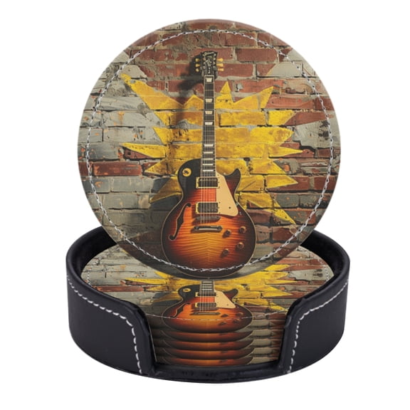 PU Leather Coasters for Drinks Bar Beer,Set of 6 with Holder,Round Housewarming Gift,Classic Guitar Leaning Against Old Brick Wall
