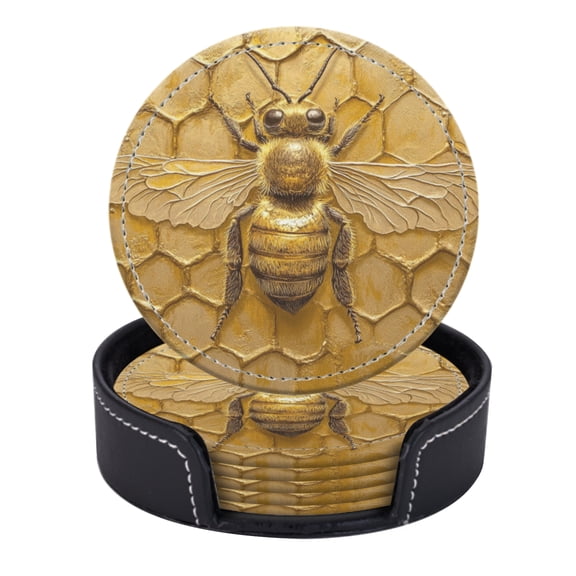 PU Leather Coasters for Drinks Bar Beer,Set of 6 with Holder,Round Housewarming Gift,Close-Up Of Intricately Detailed Bee