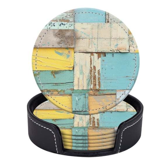PU Leather Coasters for Drinks Bar Beer,Set of 6 with Holder,Round Housewarming Gift,Collage Of Rustic Wooden Planks In Various Shades And Shapes