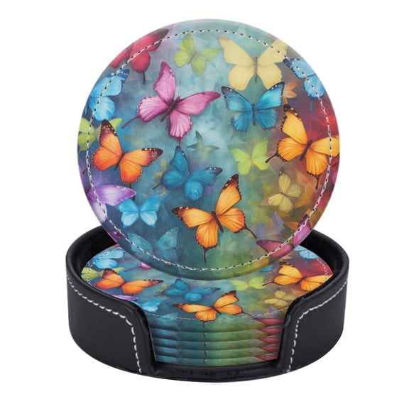 PU Leather Coasters for Drinks Bar Beer,Set of 6 with Holder,Round Housewarming Gift,Colorful Butterflies In Flight With Rich Colors