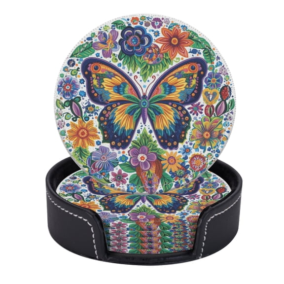 PU Leather Coasters for Drinks Bar Beer,Set of 6 with Holder,Round Housewarming Gift,Colorful Butterfly With Flowers