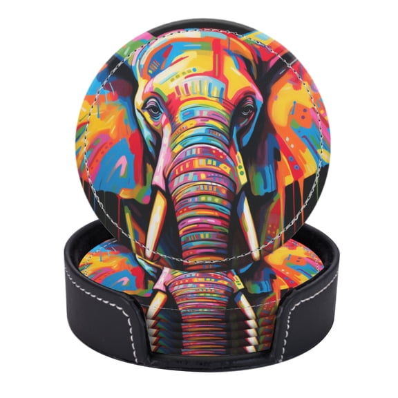 PU Leather Coasters for Drinks Bar Beer,Set of 6 with Holder,Round Housewarming Gift,Colorful Elephant Black Watercolor Oil Painting