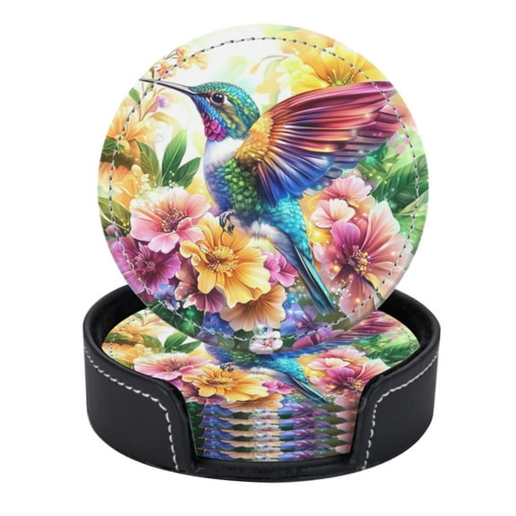 PU Leather Coasters for Drinks Bar Beer,Set of 6 with Holder,Round Housewarming Gift,Colorful Hummingbird And Flowers In Round Shape Diamond Painting