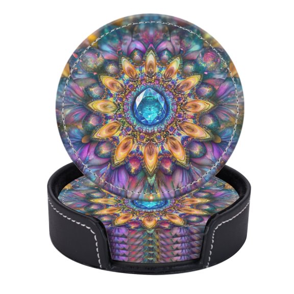 PU Leather Coasters for Drinks Bar Beer,Set of 6 with Holder,Round Housewarming Gift,Colorful Mandala With Sacred Geometry Patterns