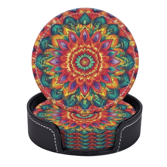 PU Leather Coasters for Drinks Bar Beer,Set of 6 with Holder,Round Housewarming Gift,Colorful Persian Carpet Design