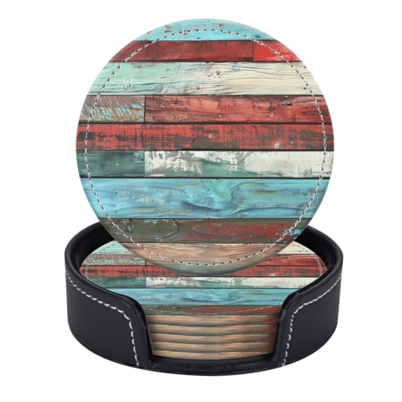PU Leather Coasters for Drinks Bar Beer,Set of 6 with Holder,Round Housewarming Gift,Colorful Wooden Planks With Distressed And Weathered Look