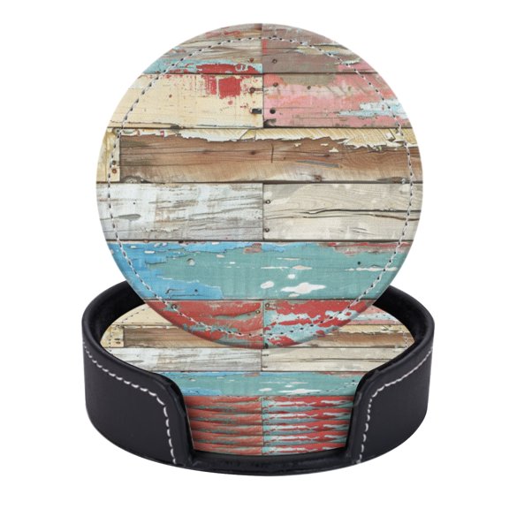 PU Leather Coasters for Drinks Bar Beer,Set of 6 with Holder,Round Housewarming Gift,Colorful Wooden Planks With Weathered Paint