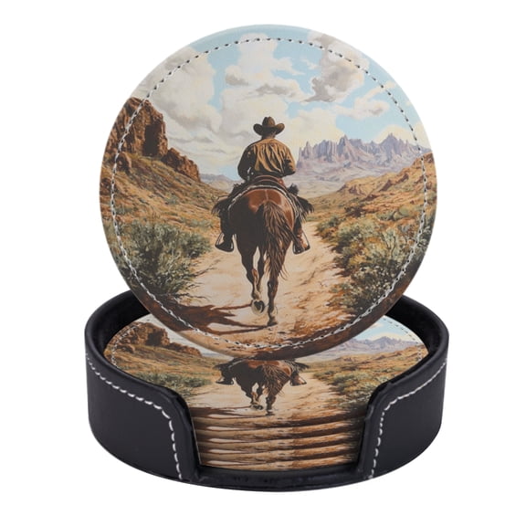 PU Leather Coasters for Drinks Bar Beer,Set of 6 with Holder,Round Housewarming Gift,Cowboy Riding Horse