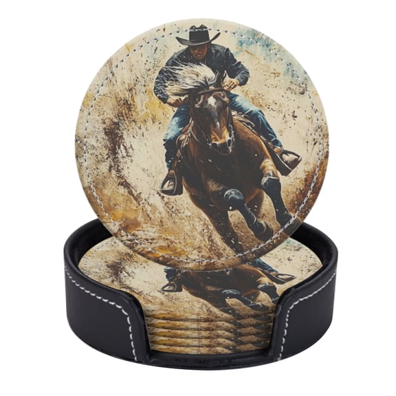 PU Leather Coasters for Drinks Bar Beer,Set of 6 with Holder,Round Housewarming Gift,Cowboy Riding On The Horse