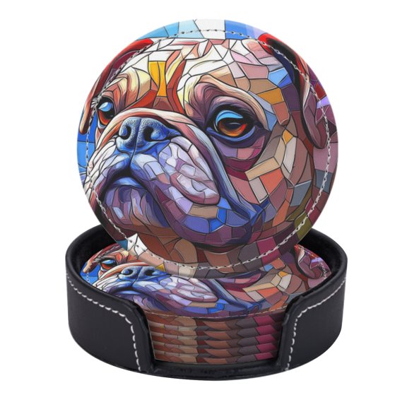 PU Leather Coasters for Drinks Bar Beer,Set of 6 with Holder,Round Housewarming Gift,Cute Bulldog In The Style Of Stained Glass Mosaic