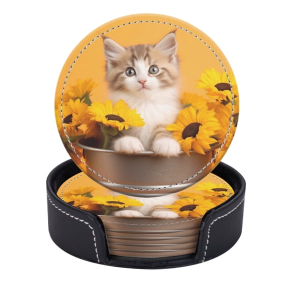PU Leather Coasters for Drinks Bar Beer,Set of 6 with Holder,Round Housewarming Gift,Cute Fluffy Kitten Sitting In Aluminum Bucket Filled