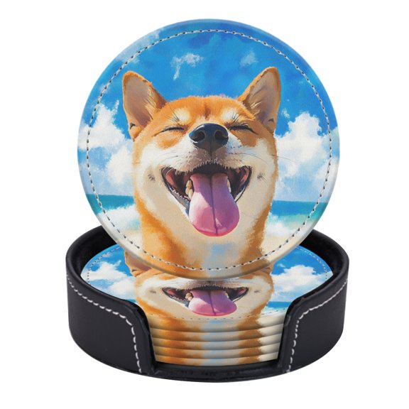 PU Leather Coasters for Drinks Bar Beer,Set of 6 with Holder,Round Housewarming Gift,Cute Shiba Inu Playing On The Beach