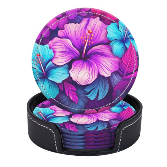 PU Leather Coasters for Drinks Bar Beer,Set of 6 with Holder,Round Housewarming Gift,Exotic Flowers Featuring Purple And Blue Hibiscus Blossoms