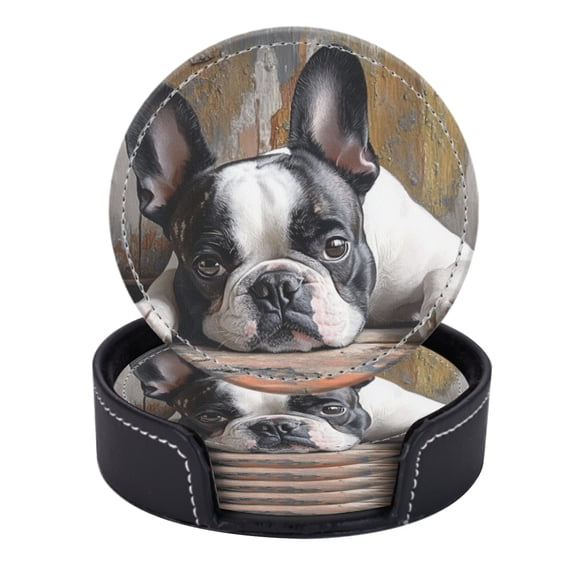 PU Leather Coasters for Drinks Bar Beer,Set of 6 with Holder,Round Housewarming Gift,French Bulldog With Black And White Fur Laying On The Floor
