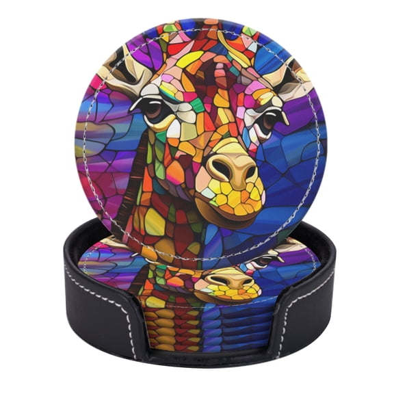 PU Leather Coasters for Drinks Bar Beer,Set of 6 with Holder,Round Housewarming Gift,Giraffe Portrait In The Style Of Stained Glass