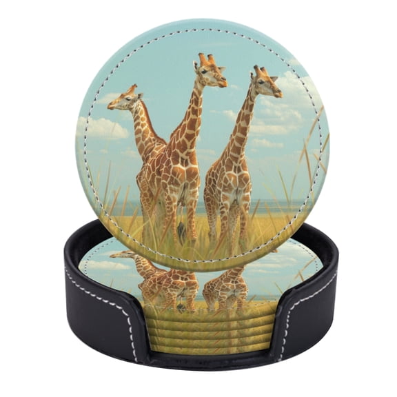 PU Leather Coasters for Drinks Bar Beer,Set of 6 with Holder,Round Housewarming Gift,Giraffes In The Savanna With Blue Sky And White Clouds