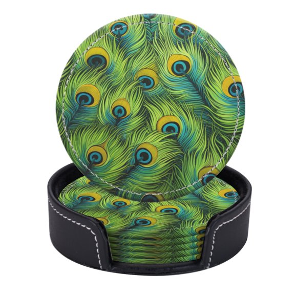 PU Leather Coasters for Drinks Bar Beer,Set of 6 with Holder,Round Housewarming Gift,Green Peacock Feathers With Its Unique Blue