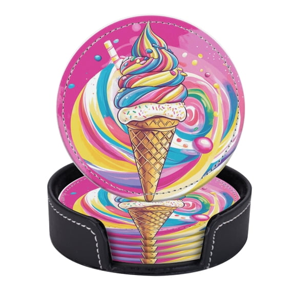 PU Leather Coasters for Drinks Bar Beer,Set of 6 with Holder,Round Housewarming Gift,Ice Cream Cone Design In The Style Of Pop Art