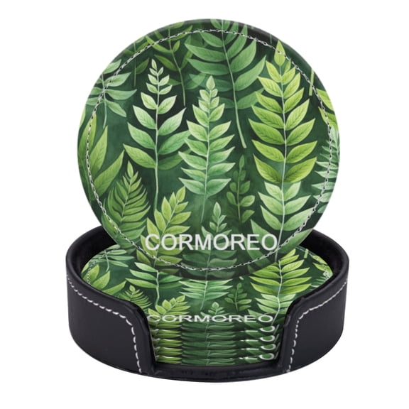 CORMOREO PU Leather Coasters for Drinks Bar Beer,Set of 6 with Holder,Round Housewarming Gift,Light Green Fern Leaves On Dark Emerald Background