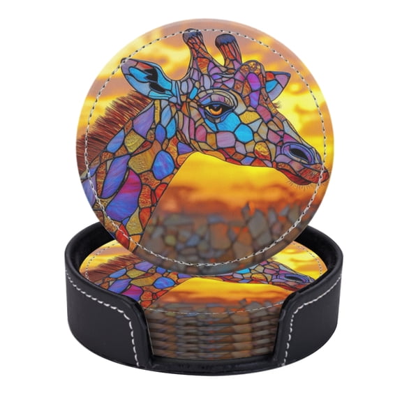 PU Leather Coasters for Drinks Bar Beer,Set of 6 with Holder,Round Housewarming Gift,Majestic Giraffe With Long Neck