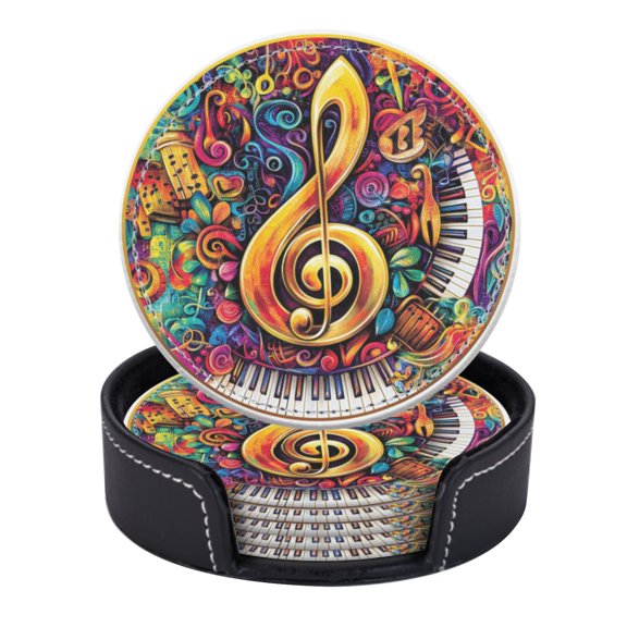 PU Leather Coasters for Drinks Bar Beer,Set of 6 with Holder,Round Housewarming Gift,Music-Themed Round Emblem