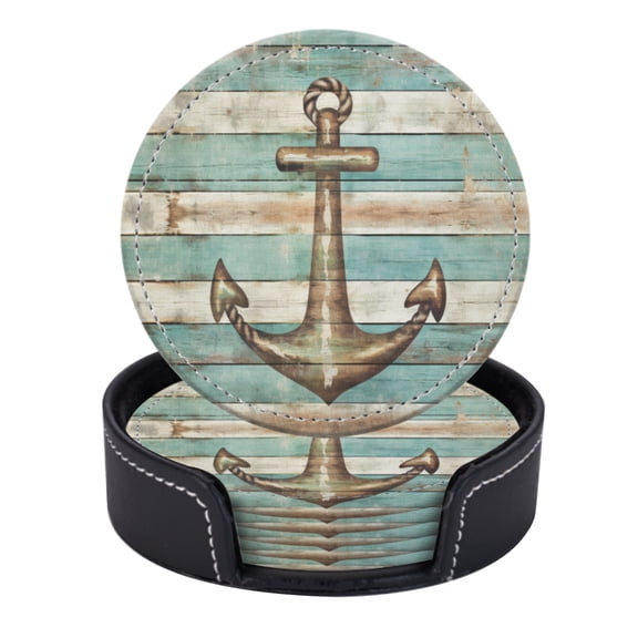 PU Leather Coasters for Drinks Bar Beer,Set of 6 with Holder,Round Housewarming Gift,Nautical Theme With Featuring Anchor In The Center