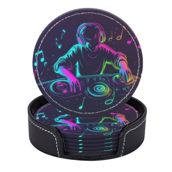 PU Leather Coasters for Drinks Bar Beer,Set of 6 with Holder,Round Housewarming Gift,Neon Icon Of Dj Playing Music On Turntable