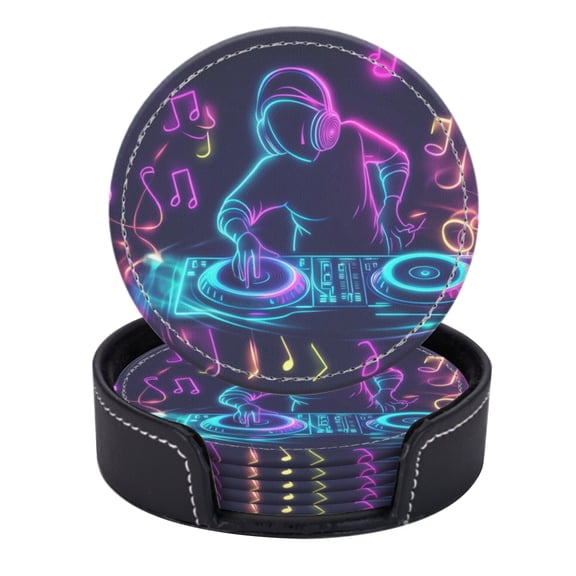PU Leather Coasters for Drinks Bar Beer,Set of 6 with Holder,Round Housewarming Gift,Neon Of Dj Playing Music On Turntable