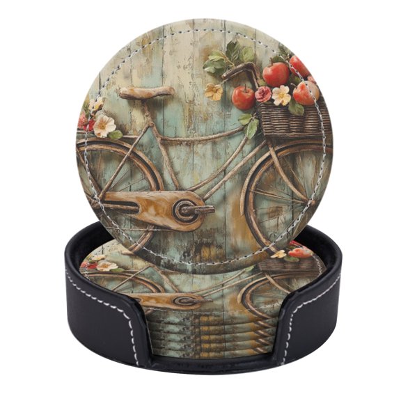 PU Leather Coasters for Drinks Bar Beer,Set of 6 with Holder,Round Housewarming Gift,Old Bicycle And Basket Full Of Apples