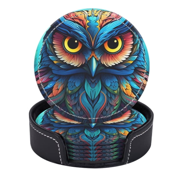 PU Leather Coasters for Drinks Bar Beer,Set of 6 with Holder,Round Housewarming Gift,Owl With Vibrant Colors Featuring Intricate Patterns And Details