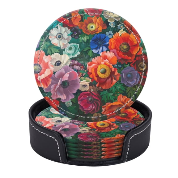 PU Leather Coasters for Drinks Bar Beer,Set of 6 with Holder,Round Housewarming Gift,Painting Of Anemones And Other Flowers