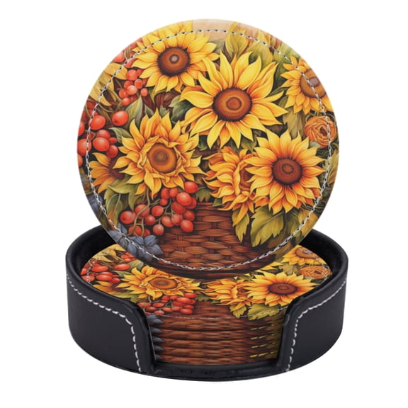 PU Leather Coasters for Drinks Bar Beer,Set of 6 with Holder,Round Housewarming Gift,Painting Of Sunflowers In The Style Of Slavic Folk Art