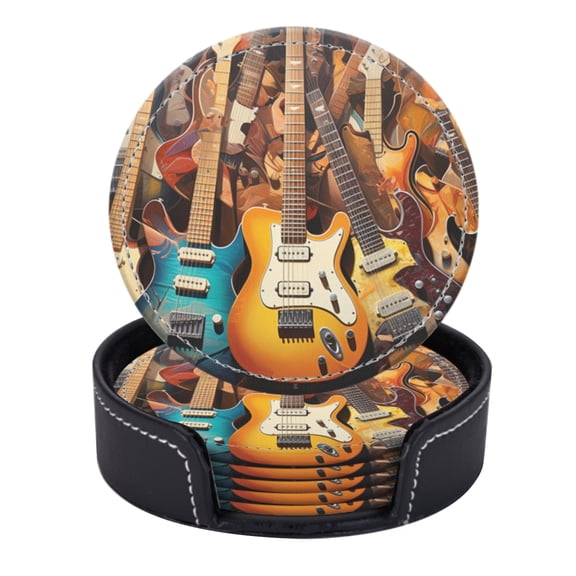 PU Leather Coasters for Drinks Bar Beer,Set of 6 with Holder,Round Housewarming Gift,Photorealistic Image Of Various Electric Guitars
