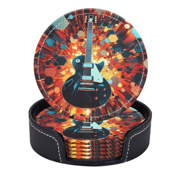 PU Leather Coasters for Drinks Bar Beer,Set of 6 with Holder,Round Housewarming Gift,Red And Black Guitar With Energy Grid Background