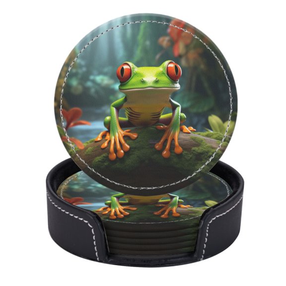 PU Leather Coasters for Drinks Bar Beer,Set of 6 with Holder,Round Housewarming Gift,Red-Eyed Tree Frog Sitting On Mossy Log