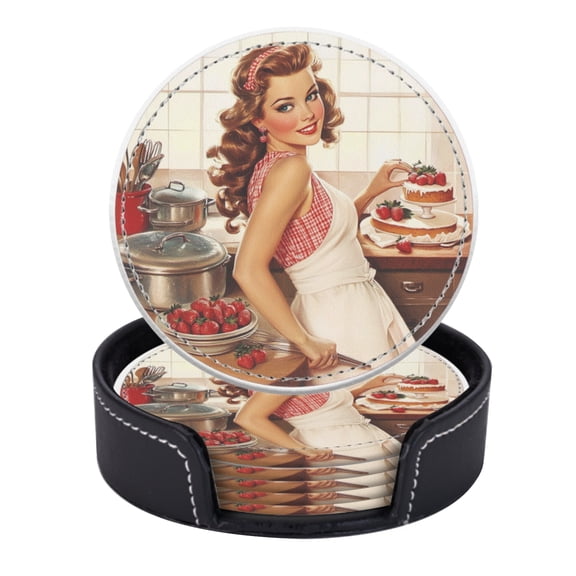 PU Leather Coasters for Drinks Bar Beer,Set of 6 with Holder,Round Housewarming Gift,Retro Woman With Big Hair