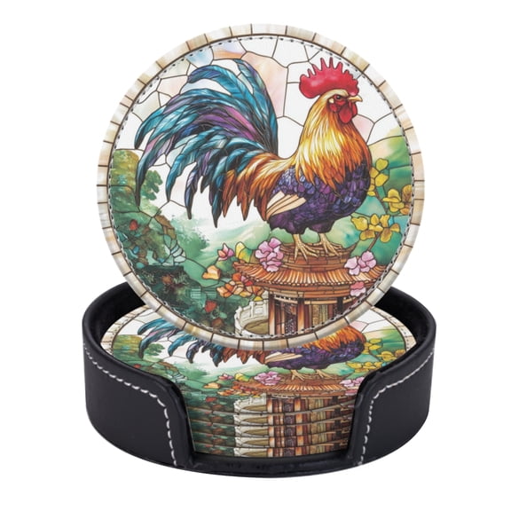 PU Leather Coasters for Drinks Bar Beer,Set of 6 with Holder,Round Housewarming Gift,Rooster On The Pagoda