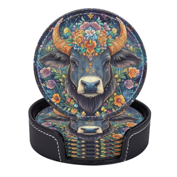 PU Leather Coasters for Drinks Bar Beer,Set of 6 with Holder,Round Housewarming Gift,Round Icon Depicting The Taurus Zodiac Sign