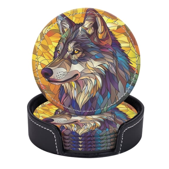 PU Leather Coasters for Drinks Bar Beer,Set of 6 with Holder,Round Housewarming Gift,Round Stained Glass Design Of Wolf