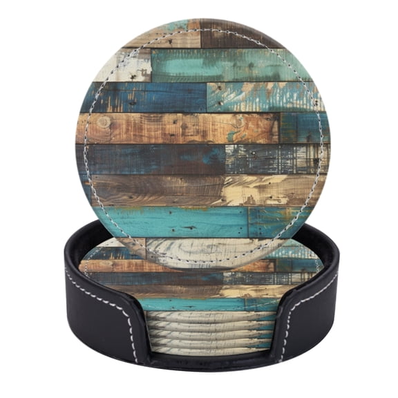 PU Leather Coasters for Drinks Bar Beer,Set of 6 with Holder,Round Housewarming Gift,Rustic Wooden Wall With Weathered Multicolored Wood Planks
