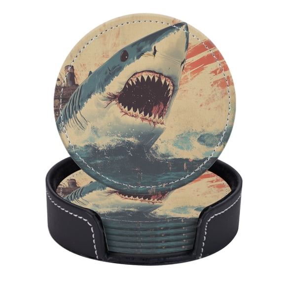 PU Leather Coasters for Drinks Bar Beer,Set of 6 with Holder,Round Housewarming Gift,Shark Attacking Old Ship In Rough Sea