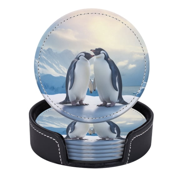 PU Leather Coasters for Drinks Bar Beer,Set of 6 with Holder,Round Housewarming Gift,South Pole Penguin Hold Hand Stand On Ice