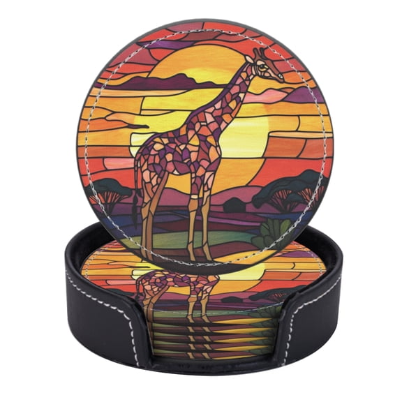 PU Leather Coasters for Drinks Bar Beer,Set of 6 with Holder,Round Housewarming Gift,Stained Glass Depiction Of Giraffe