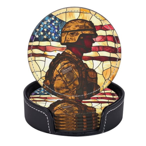 PU Leather Coasters for Drinks Bar Beer,Set of 6 with Holder,Round Housewarming Gift,Stained Glass Round Design Of American Flag