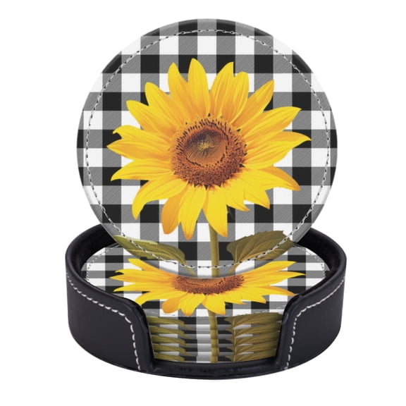 PU Leather Coasters for Drinks Bar Beer,Set of 6 with Holder,Round Housewarming Gift,Sunflower Sitting On Table