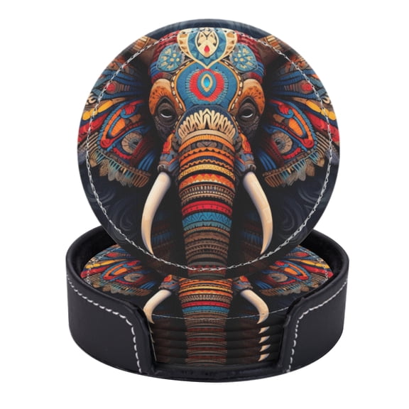 PU Leather Coasters for Drinks Bar Beer,Set of 6 with Holder,Round Housewarming Gift,Symmetrical Colorful Elephant With Wings