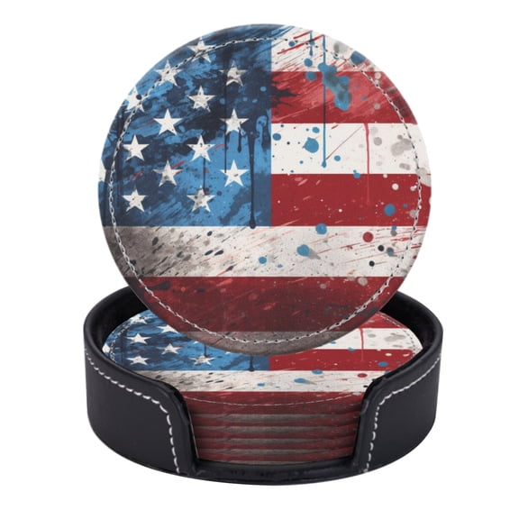 PU Leather Coasters for Drinks Bar Beer,Set of 6 with Holder,Round Housewarming Gift,The American Flag With Paint Splatter In The Background