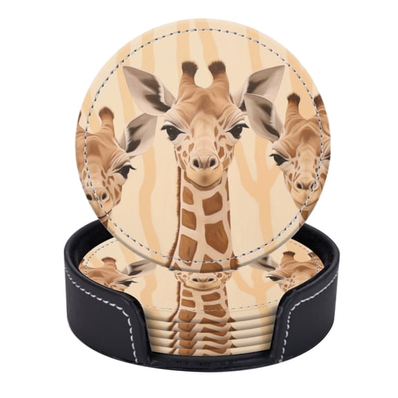 PU Leather Coasters for Drinks Bar Beer,Set of 6 with Holder,Round Housewarming Gift,Three Cute Giraffes Looking At The Camera With Happy Expressions