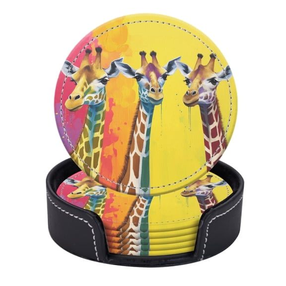 PU Leather Coasters for Drinks Bar Beer,Set of 6 with Holder,Round Housewarming Gift,Three Giraffes With Long Necks And Colorful Spots